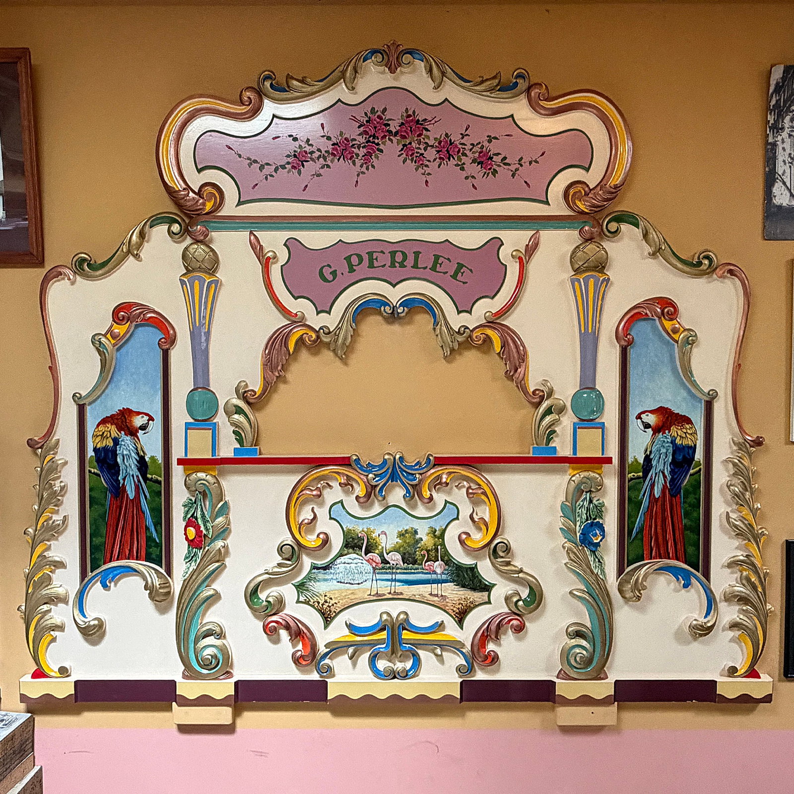G. Perlee Organ Facade for Limonaire Scale 56-key Organ (1978-1979): Originally for a 56-key Limonaire scale organ, ordered from Japan, but never finished, due to the cancellation of the order. But the organ front was fully finished. The wood carvings come from other o