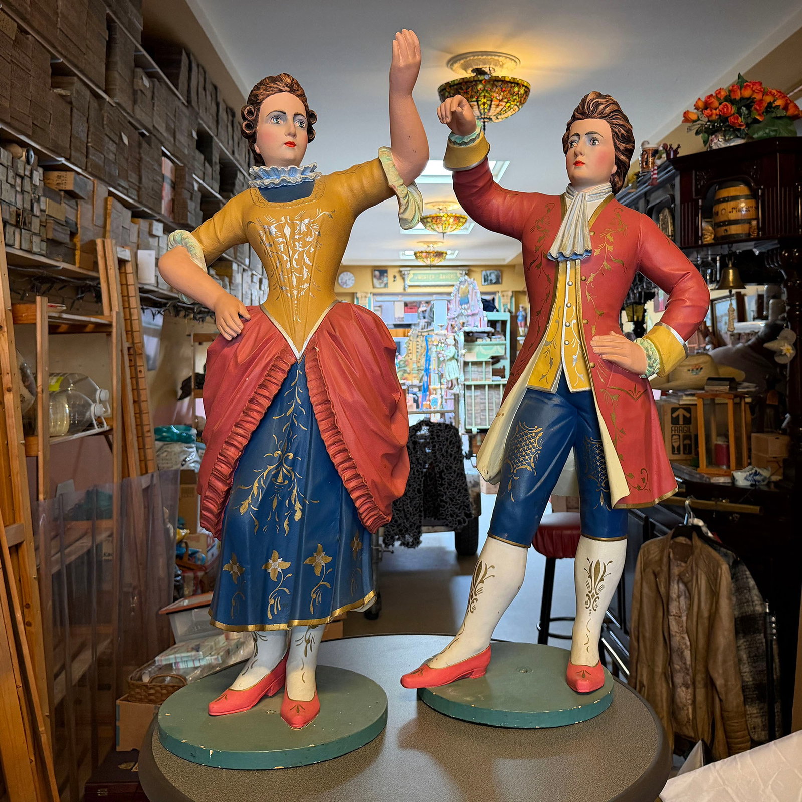Set of 2 Original Limonaire Company Wooden Organ Figures from "De Arabier" Organ: This pair of original hand-carved wooden organ figures was produced by the Limonaire Company and later repainted by Gijs Perlee Jr. (1932-2008). Depicting an 18th-century courtly dancing couple-the fe