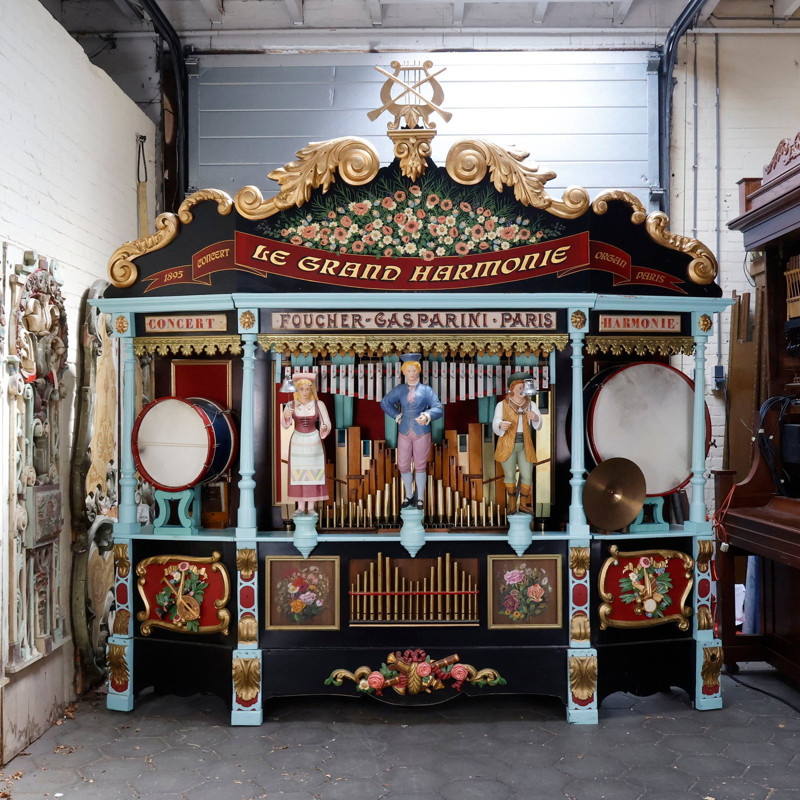 83-key Gasparini Barrel Organ "Le Grand Harmonie" (1895) with MIDI System: This monumental 83-key French barrel organ, dated 1895, built by Foucher-Gasparini in Paris and titled "Le Grand Harmonie" features an ornate light-blue, gold, and dark wood facade adorned with floral