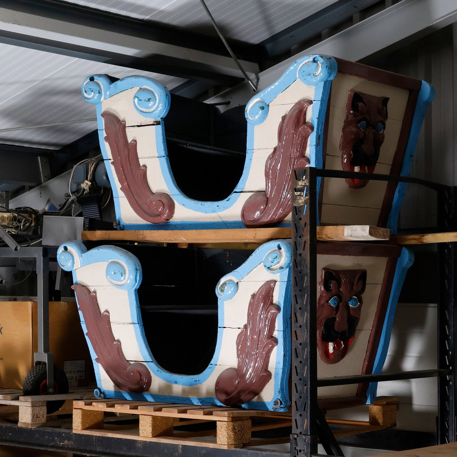 2 of 2 Heavy Solid Wooden Carousel Gondolas - German Fairground Carousel: Impressive heavy solid wooden carousel gondola, originating from a German fairground carousel. Substantially constructed in wood and decorated in cream, brown and blue, with large carved scrollwork an