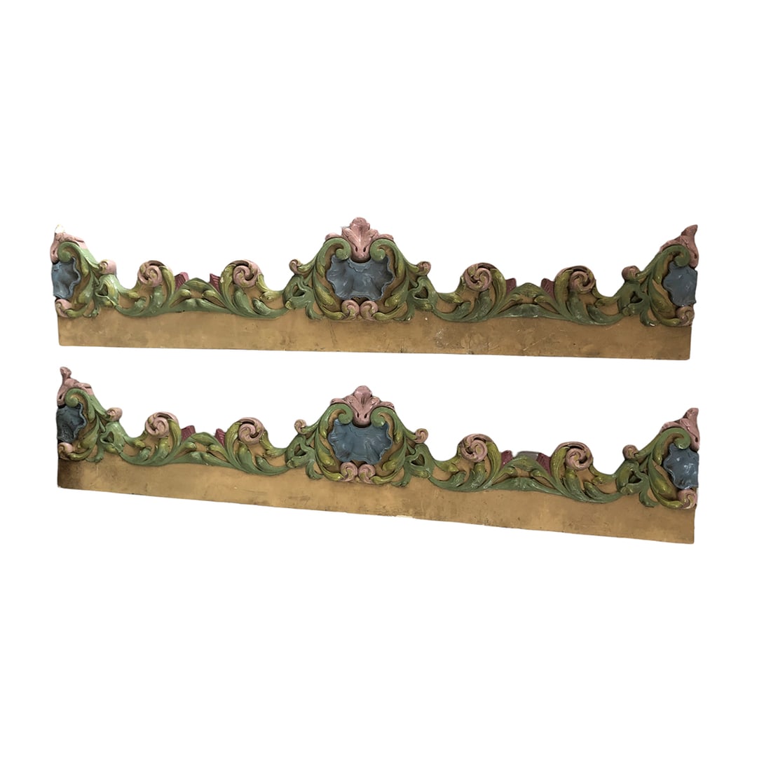 Set of 2 Fiberglass Fairground Panels: Set of 2 matching fiberglass fairground panels. Overall good condition with the colors fading and darkening due to the outdoor conditions, and the very top in corner of one of the panels broken. Dimen