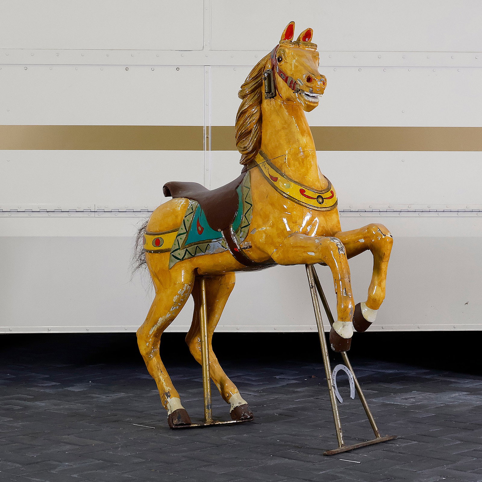 4 of 10 Original Thummel Carousel Horses, Germany ca. 1900: Original Thummel carved wooden carousel horse, made in Germany, ca. 1900. This horse is one of a group of 10 original Thummel carousel horses offered individually in this auction, all originating from