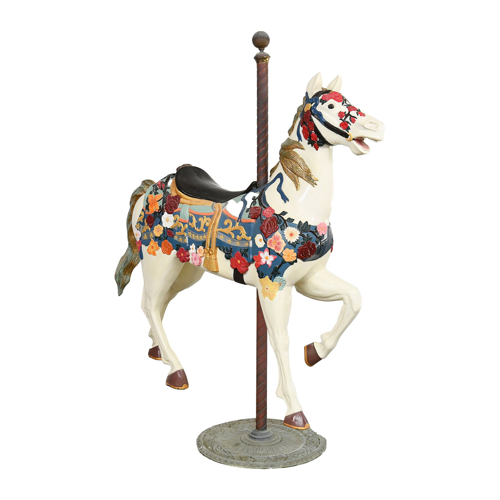 Contemporary Fiberglass/Polyester Stander Carousel Horse on a Metal Base with Metal Pole: Contemporary fiberglass/polyester stander carousel horse on a metal base with metal pole. The horse features gold leaf decoration on the mane and tail, that show some oxidation. Very good visual condi