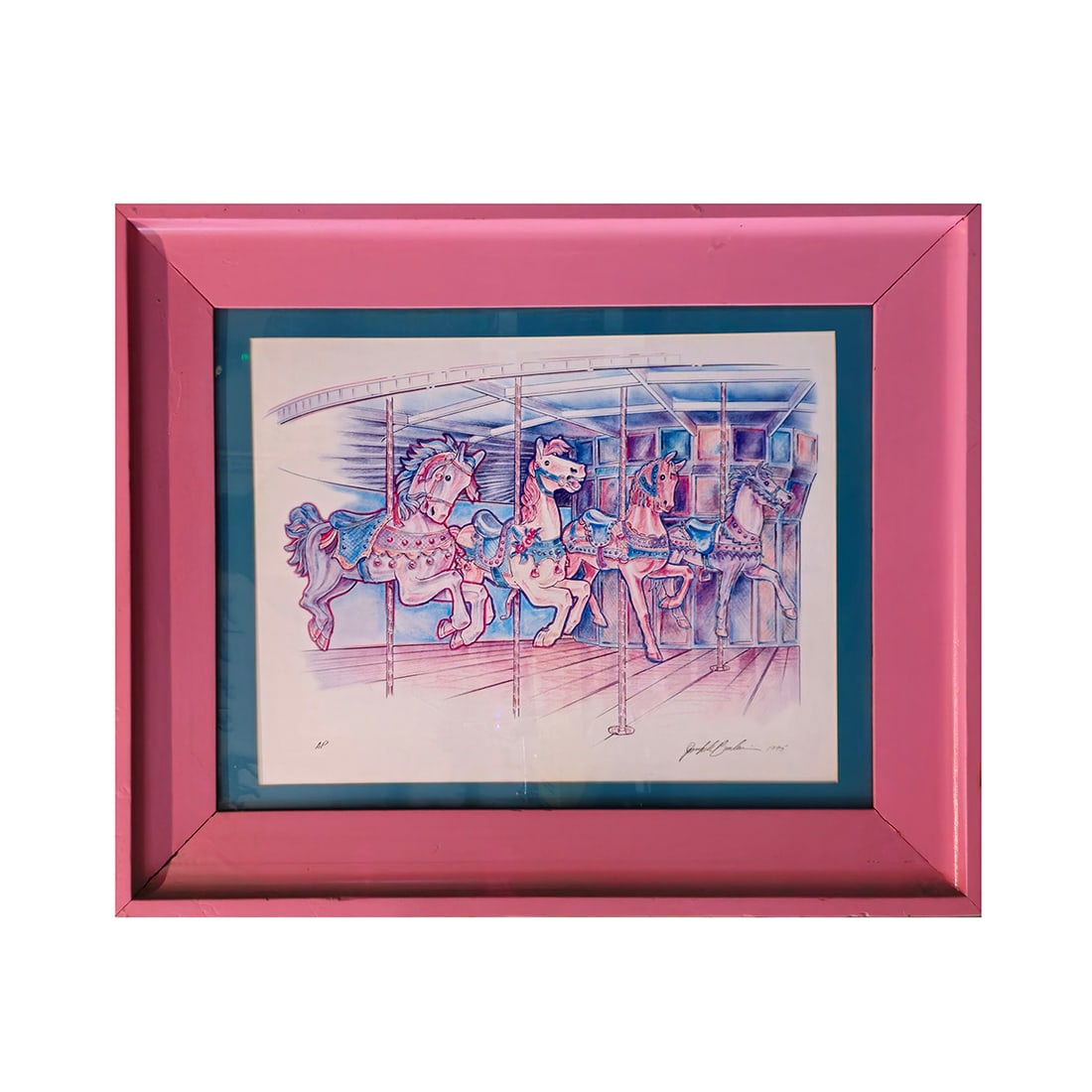 Framed 1995 Joseph Parlian Carousel Horse Artwork Artist's Proof Signed by the Artist: Framed 1995 Joseph Parlian carousel horse artwork artist's proof signed by the artist. Very good visual condition, showing some wear to the frames. Dimensions (H x W x D): 70 x 83 x 3 cm. Condition: V