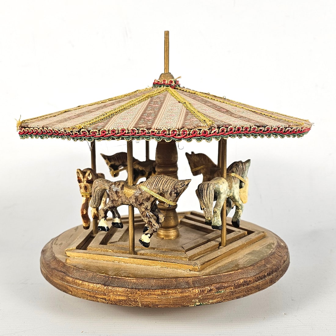 Handmade Rotating Wooden Carousel Miniature with Textile Roof (1 of 8)