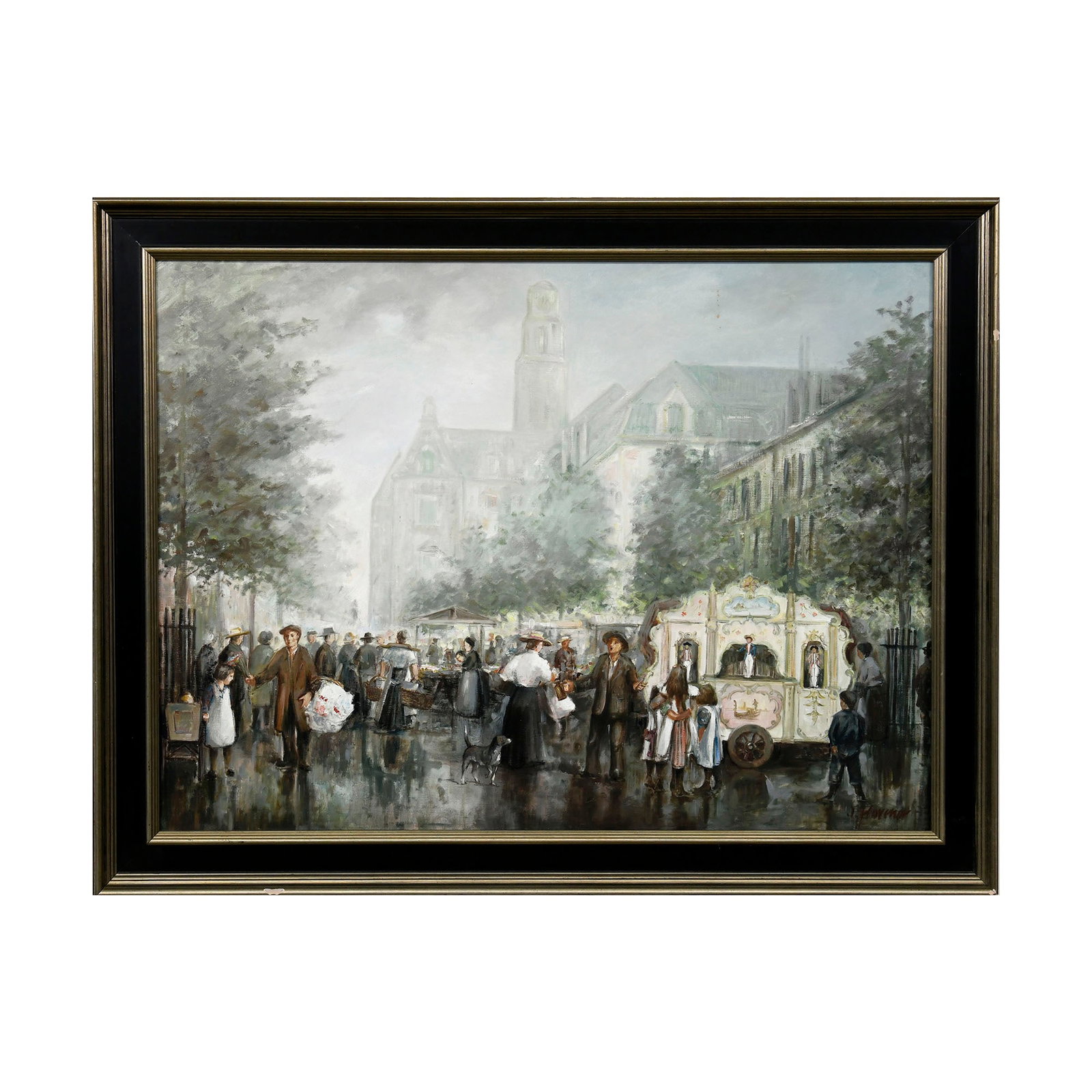 Street Organ Market Scene Painting, Rotterdam by Jan Hovener (Johannes Josephus Hovener, 1936-2021): This large painting depicts a bustling market scene on the Old Coolsingel in Rotterdam, the Netherlands, featuring a prominent street organ, numerous figures, and market stalls set against the backdro