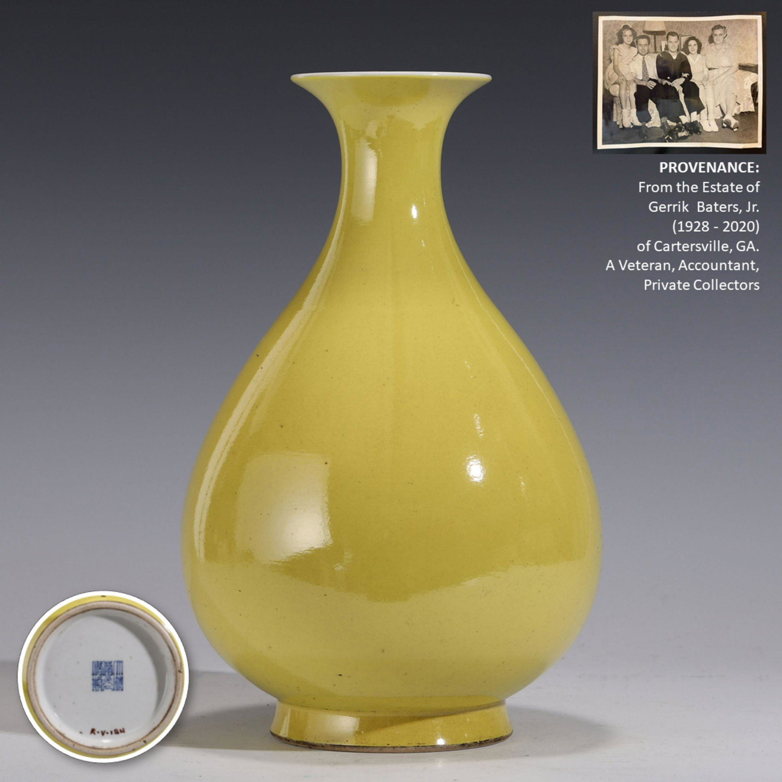 QING YELLOW YUHUCHUN BOTTLE VASE, DAOGUANG MARK: PROVENANCE: From the Estate of Gerrik Baters, Jr. of Cartersville, GA (1928 - 2020). Veteran, Accountant, Private Collector. After several attempts he found success and a path towards a new career. He