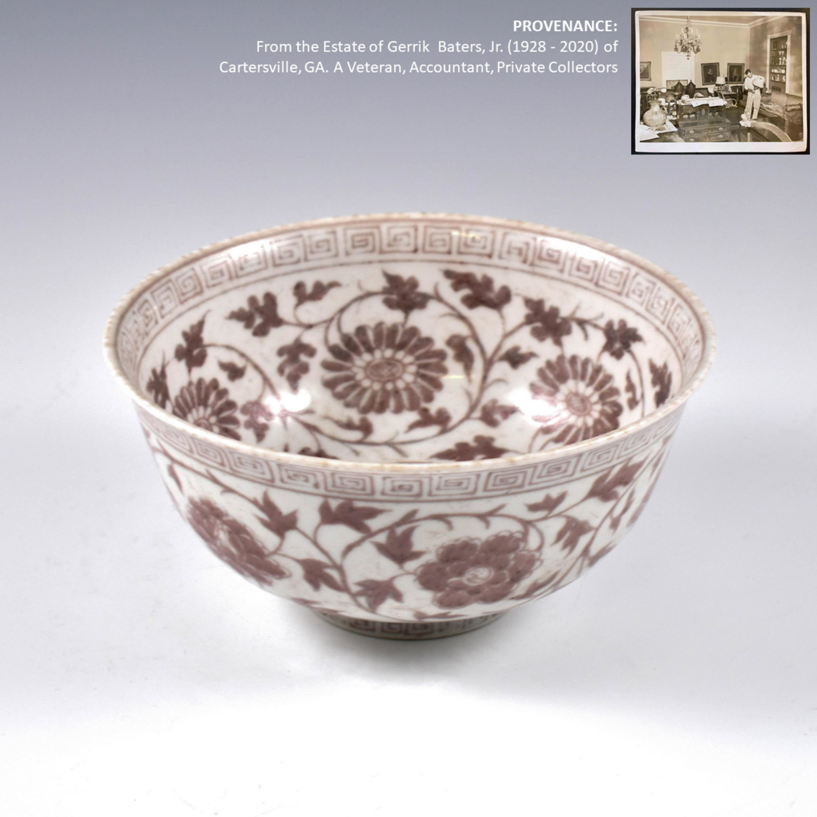MING RED FLORAL PORCELAIN BOWL: PROVENANCE: From the Estate of Gerrik Baters, Jr. of Cartersville, GA (1928 - 2020). Veteran, Accountant, Private Collector. After several attempts he found success and a path towards a new career. He