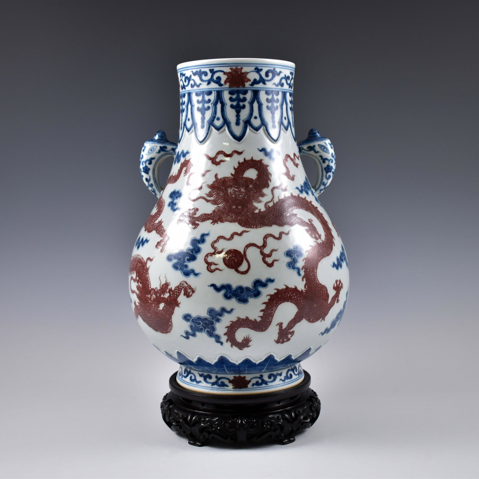 QIANLONG BLUE & RED DRAGON ZUN VASE ON STAND (1 of 9)
