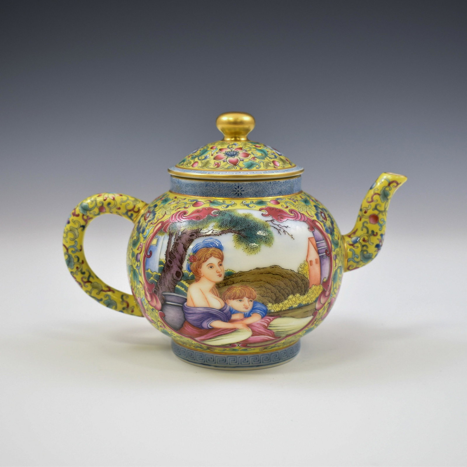 FAMILLE ROSE OPEN FACE ROOSTER MOTIF PORCELAIN TEAPOT: Dimensions: 5" H x 7" L The Chinese porcelain teapot is potted in globular body, raised upon a foot base, with dome lid crowned by a gilt overglazed simply bud finial. Flanked with gracious curved spo