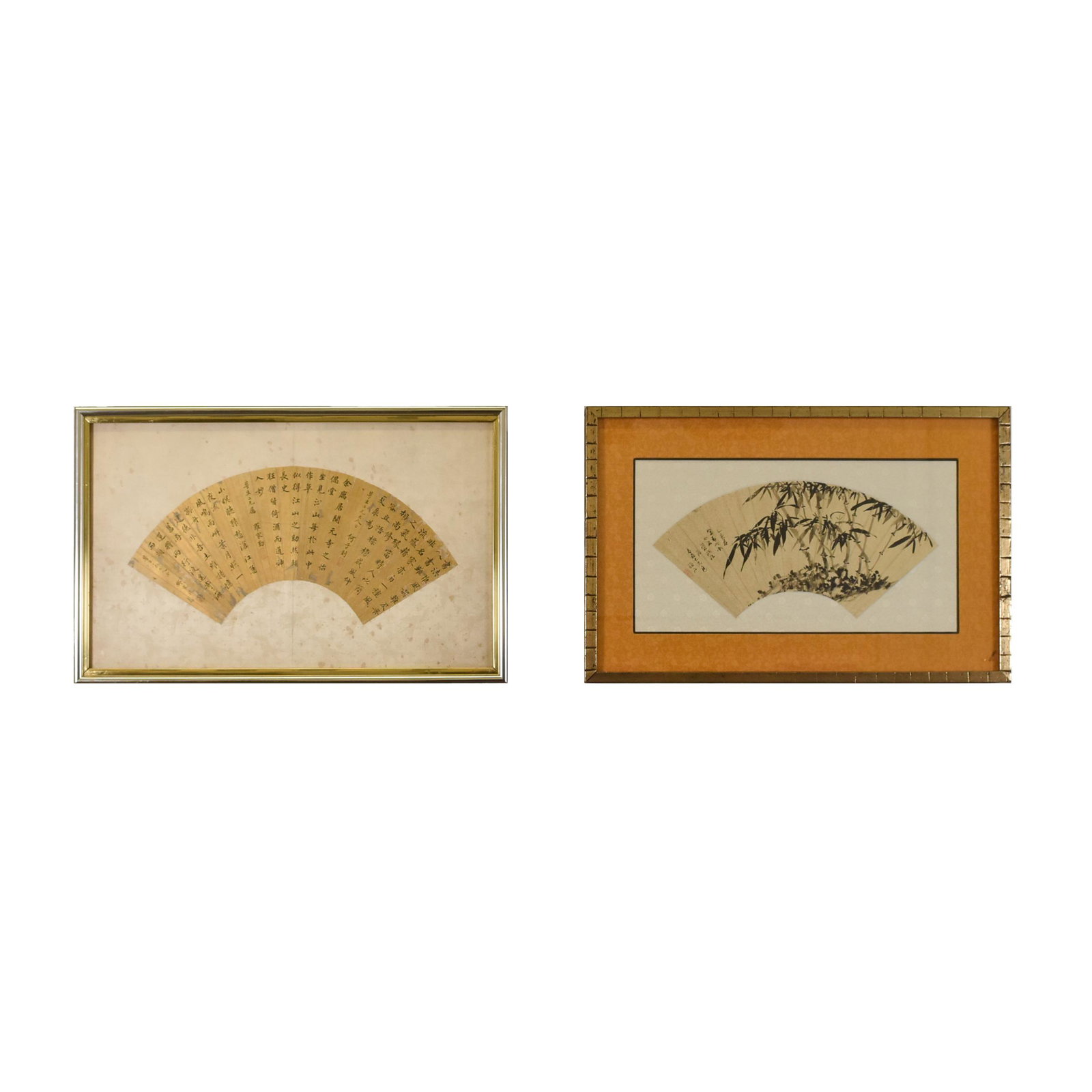 CHINESE PAIR FRAMED CHINESE FAN SHAPE PAINTINGS WITH CHARACTERS AND BAMBOO (1 of 12)