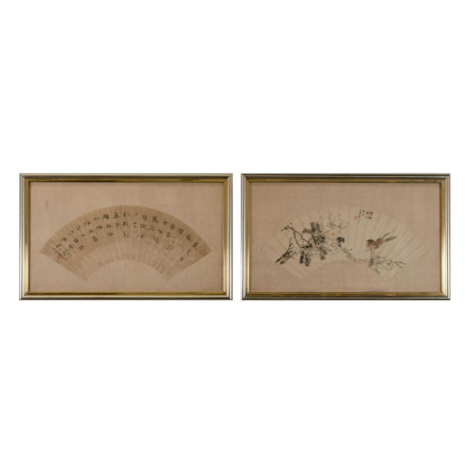 CHINESE PAIR FRAMED CHINESE FAN SHAPE PAINTINGS WITH CHARACTERS AND FLOWERS BIRD (1 of 11)