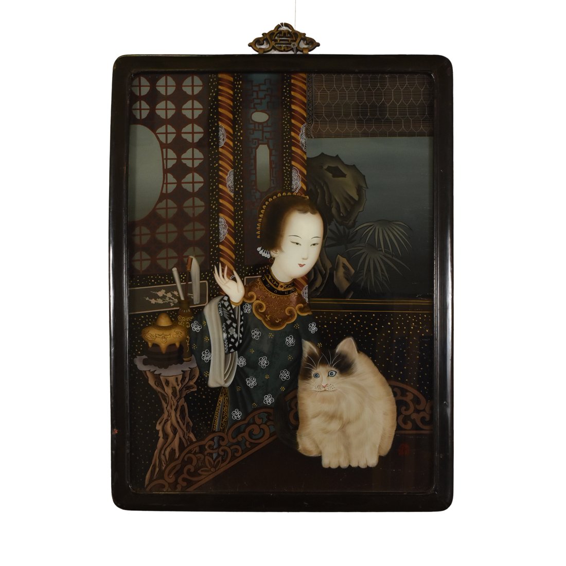 CHINESE GLASS PAINTING OF LADY WITH CAT (1 of 5)