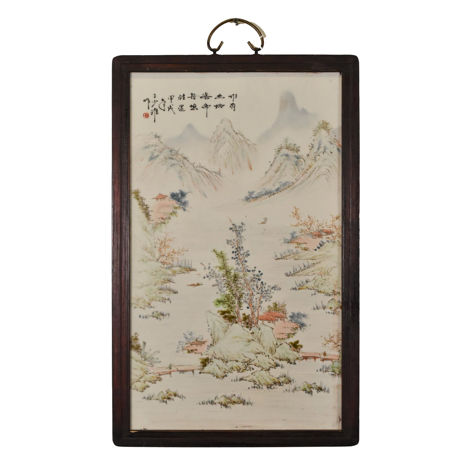 CHINESE FRAMED PORCELAIN PLAQUE: Dimensions: H 23" W 14". Chinese Framed Porcelain Plaque With Landscape Design, Wang Shao Wei Mark