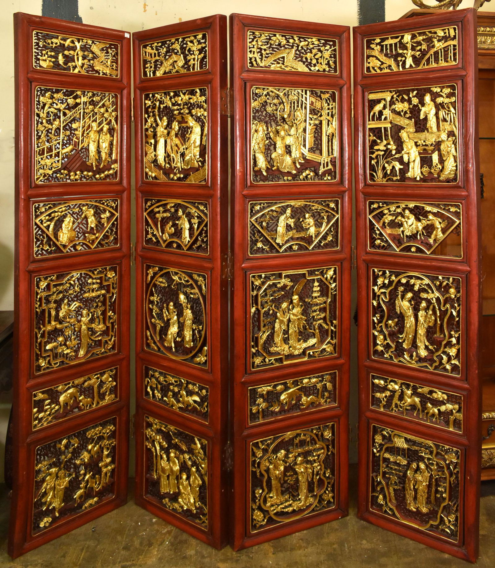 19TH C. CHINESE FOUR-PIECE ROOM DIVIDER, SCULPTURED SOFTWOOD PANELS (1 of 12)