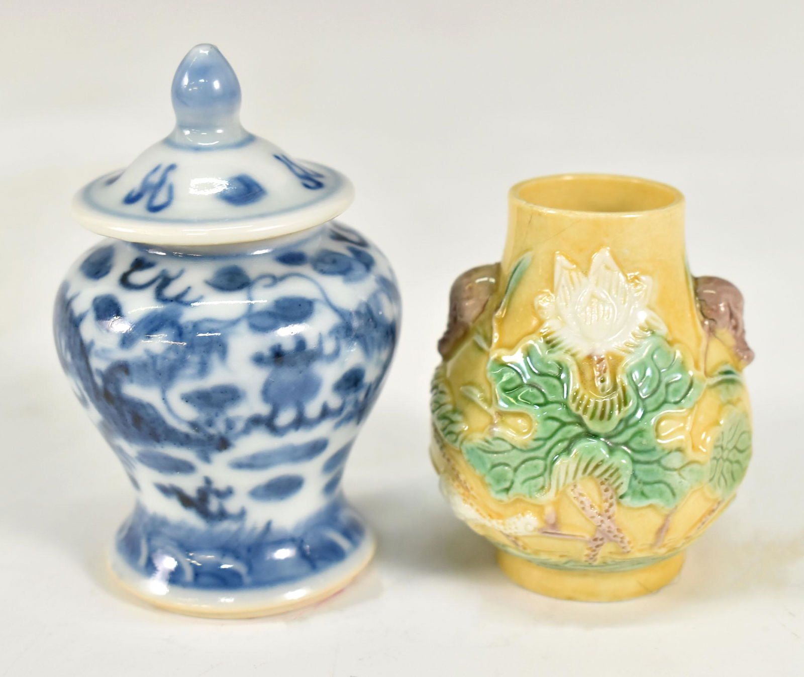 CHINESE BLUE AND WHITE DRAGON SMALL JAR, YELLOW GLAZE SMALL VASE (1 of 9)