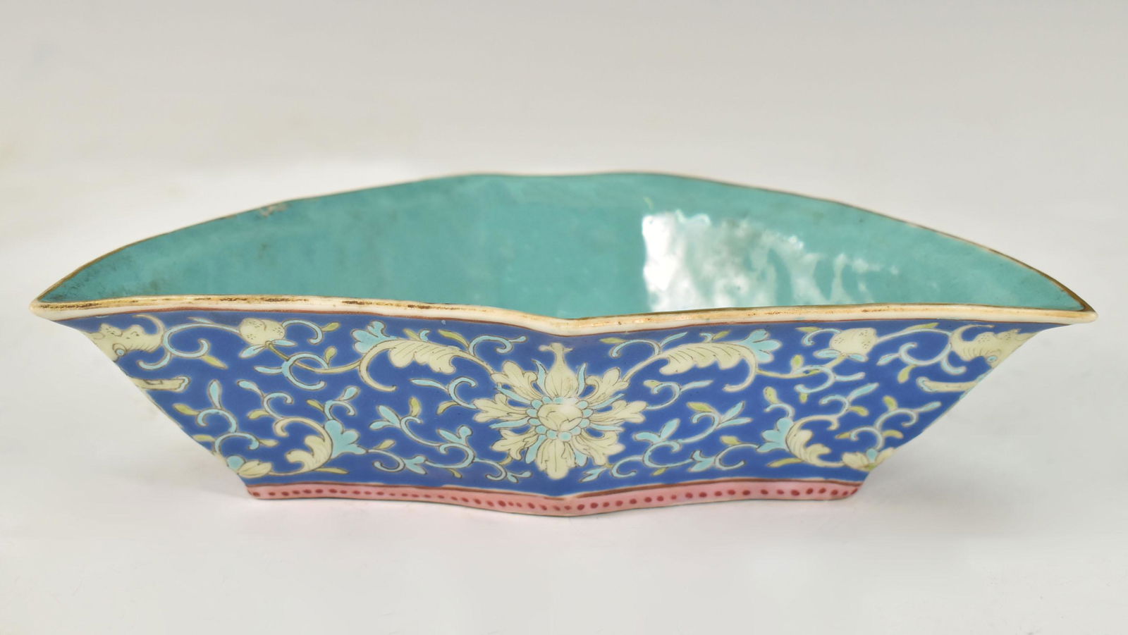 CHINESE BLUE GLAZED FLORAL FAN SHAPED BOWL (1 of 5)