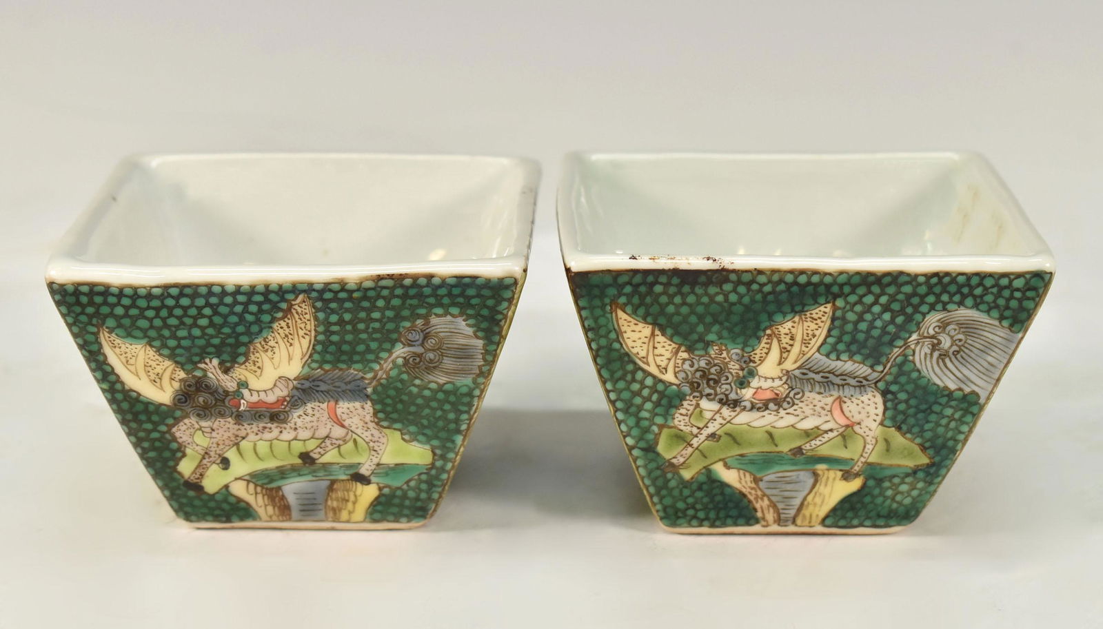 PAIR CHINESE GREEN GLAZED SQUARE CUP (1 of 12)