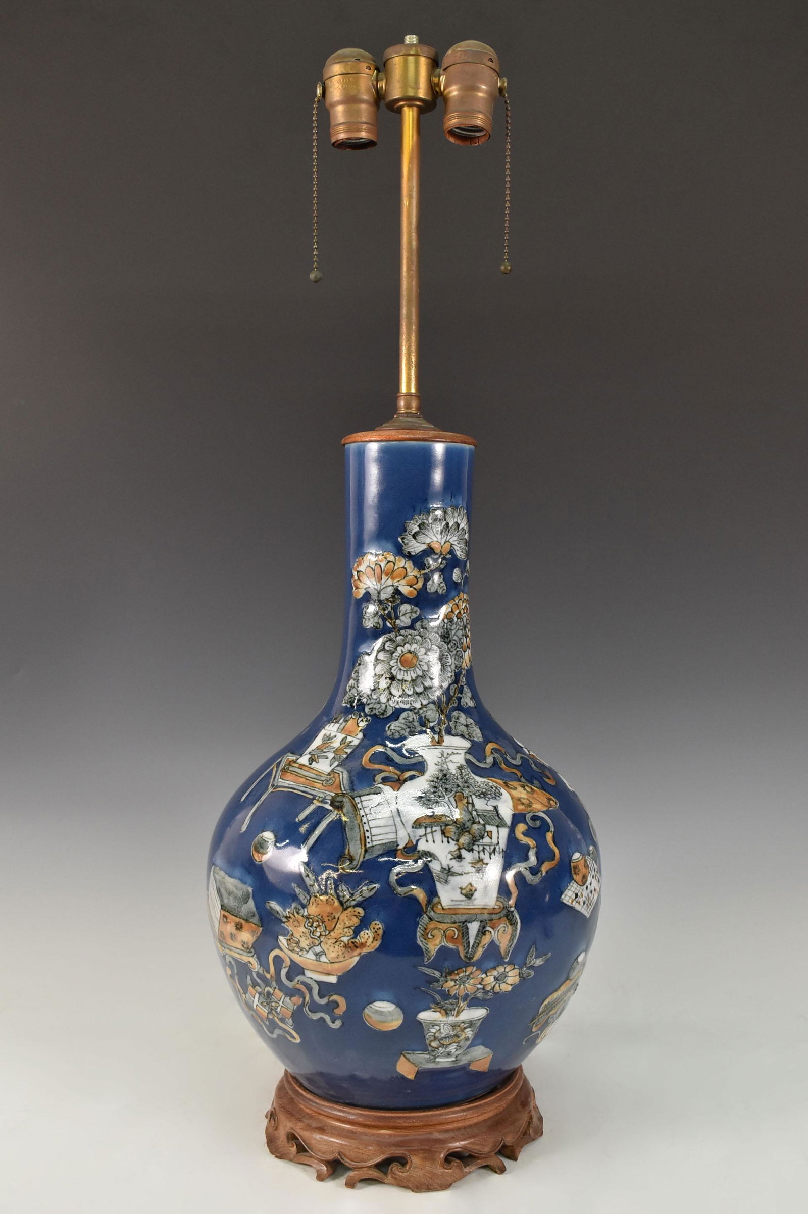 CHINESE BLUE GLAZED PORCELAIN LAMP VASE (CHIP ON LIP) (1 of 8)
