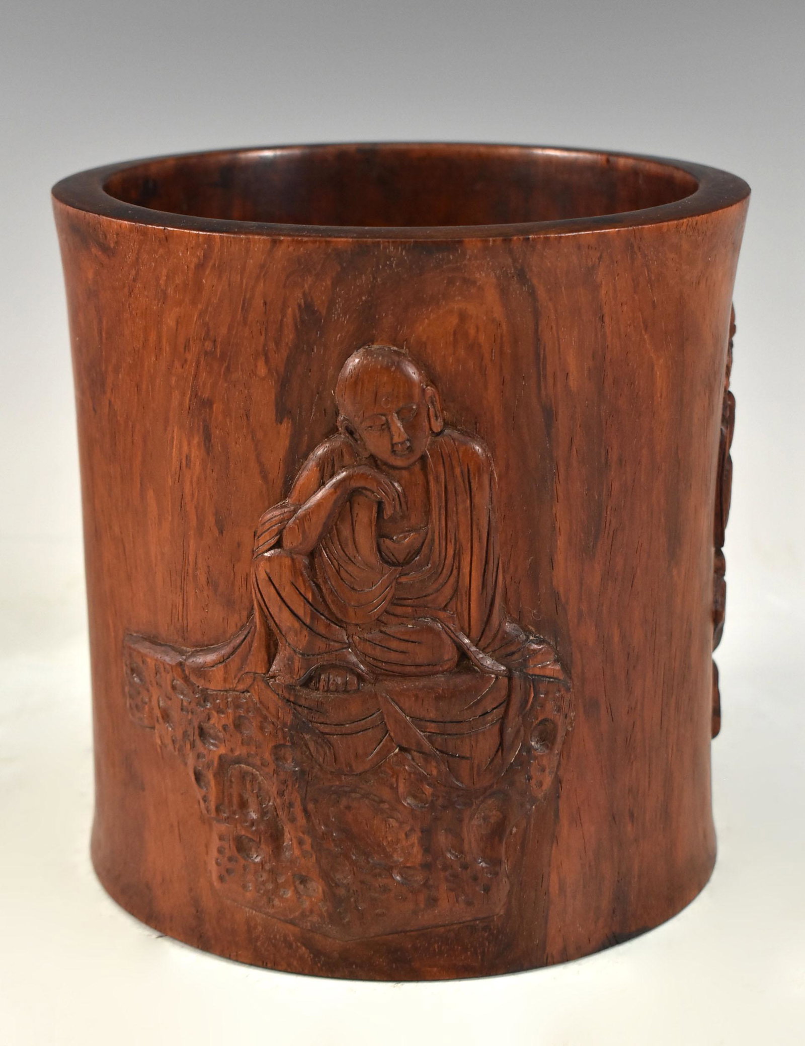 QING CHINESE HARDWOOD BUDDHA PEN HOLDER: Qing Chinese Hardwood Buddha Pen Holder. H 6 7/8" D 6 3/4"