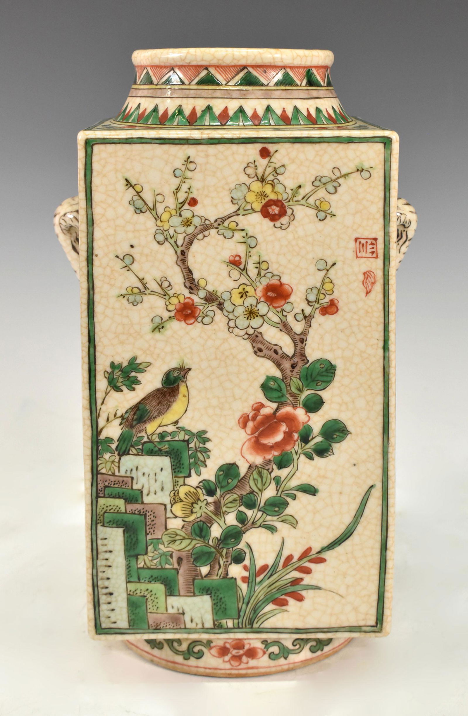 19TH C. CHINESE WUCAI FLORAL BIRD SQUARE CONG-FORM VASE WITH ELEPHANT EARS (1 of 12)