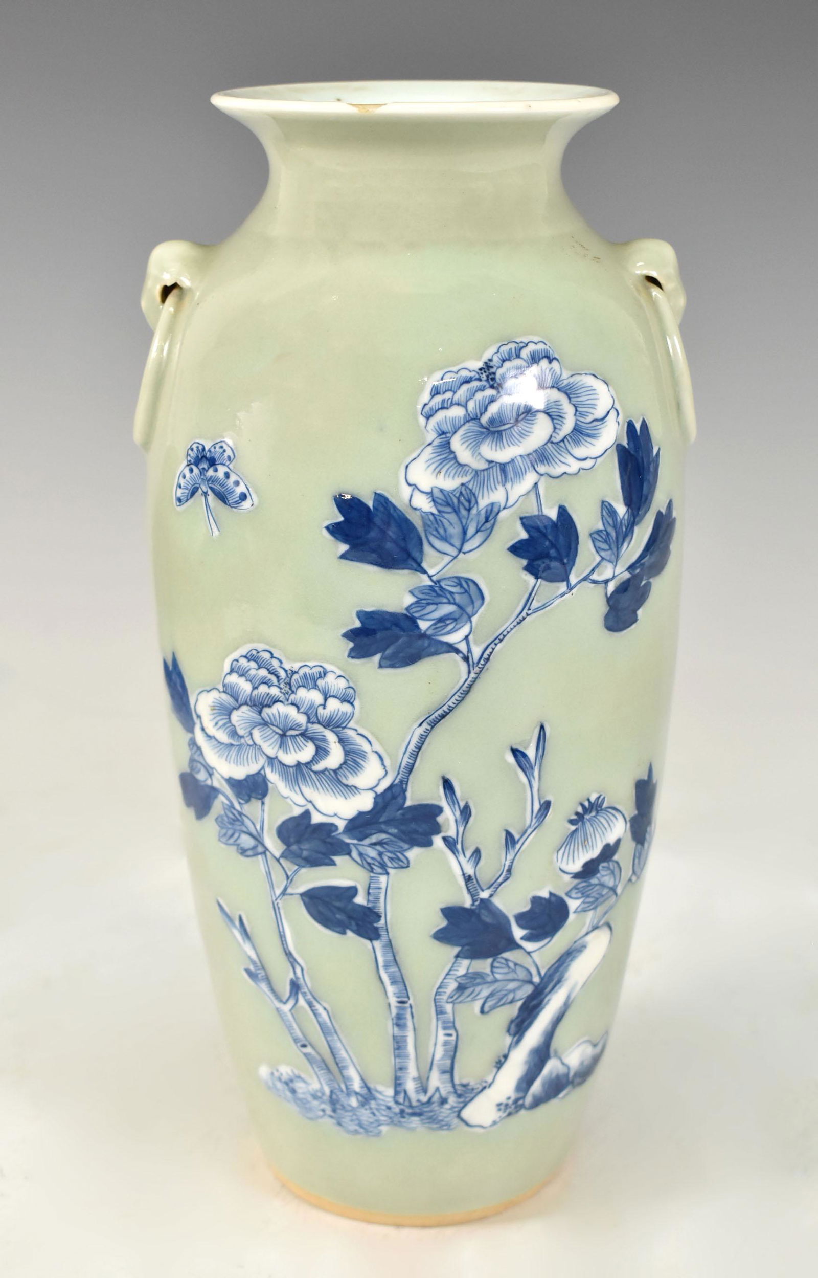 CHINESE CELADON GLAZED BLUE AND WHITE FLORAL VASE: Chinese Celadon Glazed Blue And White Floral Vase. H 10"