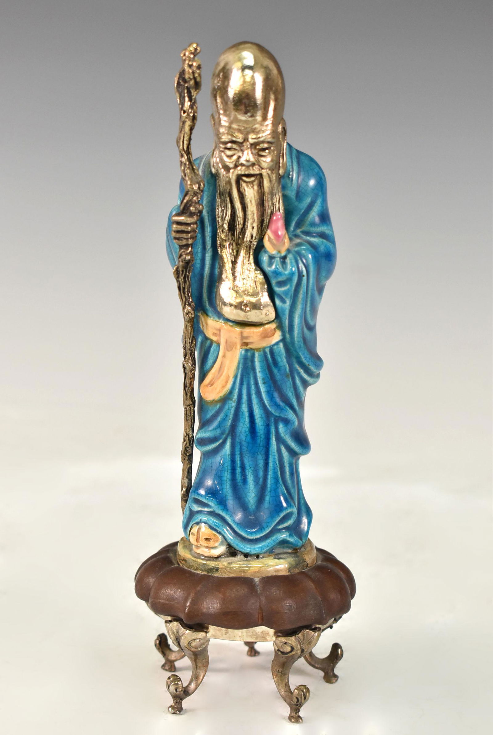 QING CHINESE BLUE GLAZED SILVER "LONGEVITY" FIGURINE (1 of 7)