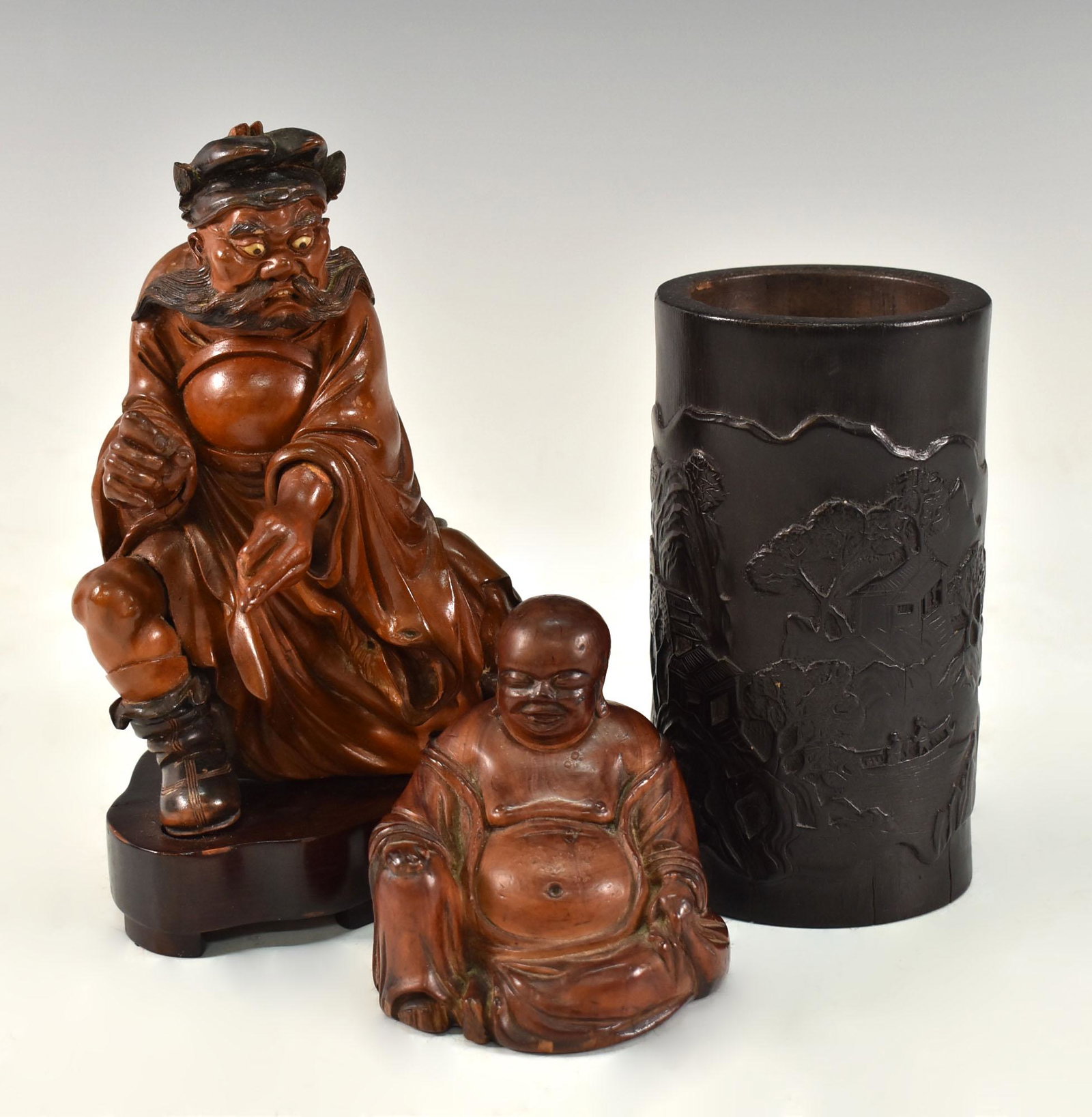 CHINESE WOODEN BUDDHA, CARVED LUOHAN, PEN HOLDER: Chinese Wooden Buddha, Carved Luohan, Pen Holder. H 6 1/2"