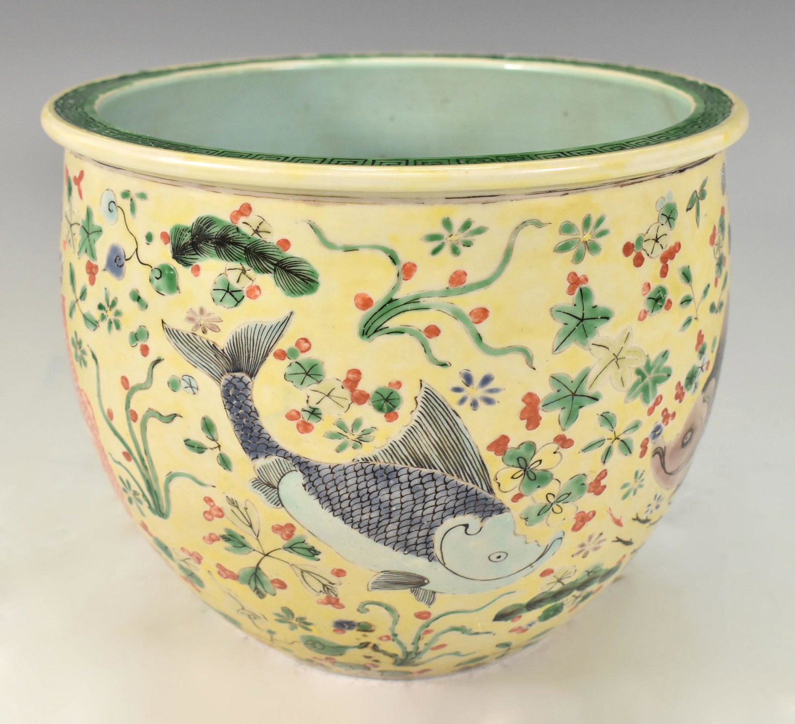 CHINESE FAMILLE ROSE FISH PORCELAIN JAR: Chinese Famille Rose Fish Porcelain Jar. H 7" D 8 3/4"