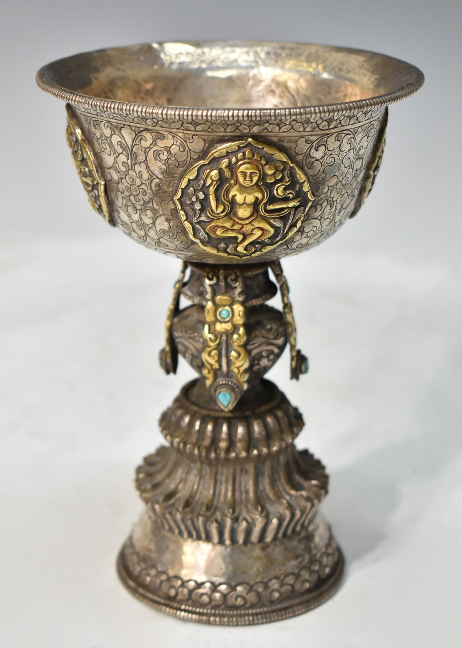TIBETAN TALL LEGGED SILVER OIL LAMP: Dimensions: H 6 1/2" TIBETAN TALL LEGGED SILVER OIL LAMP
