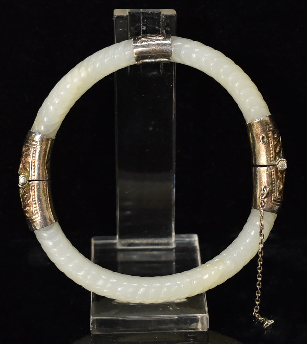 CHINESE QING WHITE JADE INLAID SILVER BANGLE (1 of 8)