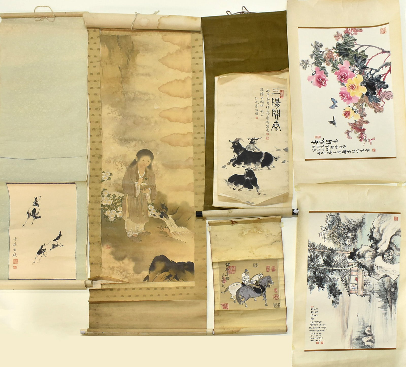 SIX PAINTINGS AND CALIGRAPHY: Dimensions: L 47 1/2" W 16" SIX PAINTINGS AND CALIGRAPHY , PROVENANCE: ZHUANG FU MEI, TAI WAN
