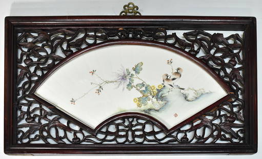 CHINESE FAN SHAPED FLORAL BIRD PORCELAIN PLAQUE: Dimensions: L 27 1/2" CHINESE FAN SHAPED FLORAL BIRD PORCELAIN PLAQUE, LU YU MARK