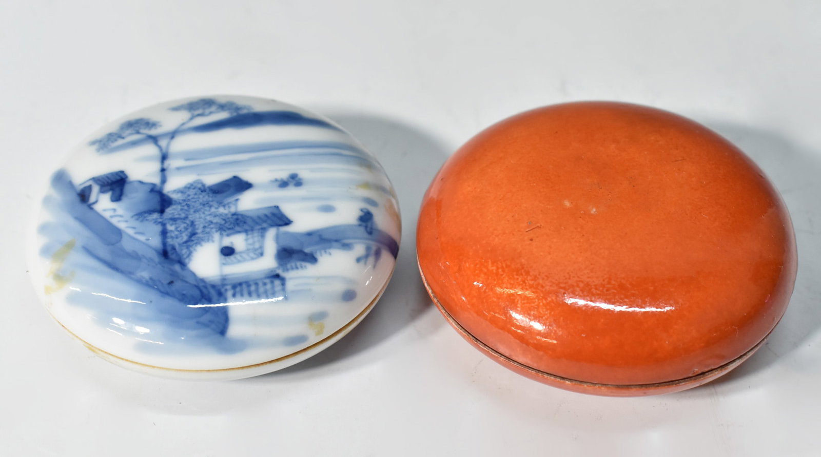 CHINESE BLUE WHITE INK BOX, CORAL-RED INK BOX: Dimensions: D 2 1/2" CHINESE BLUE WHITE INK BOX, CORAL-RED INK BOX