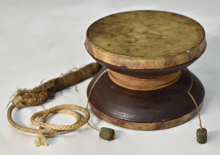 TIBETAN ANTIQUE DRUM: Dimensions: D 4" TIBETAN ANTIQUE DRUM