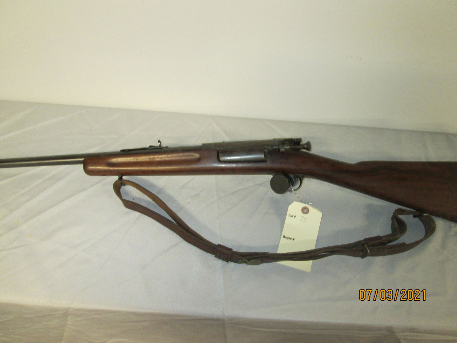Springfield Armory Model 1899, 30-40 Krag, Carbine: Springfield Armory Model 1899, 30-40 Krag, Carbine. Stock has been fixed, Rear sight is not original, but action, safety & barrel are good. Leather Sling. TP 230002