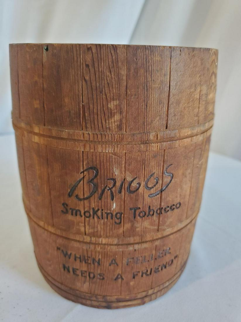 Antique Wood Briggs Smoking Tobacco Container: Antique Wood Briggs Smoking Tobacco Container Super cool piece and in really good condition for age and material. I believe a small chip under topper. Please look at photos on all items prior to biddi
