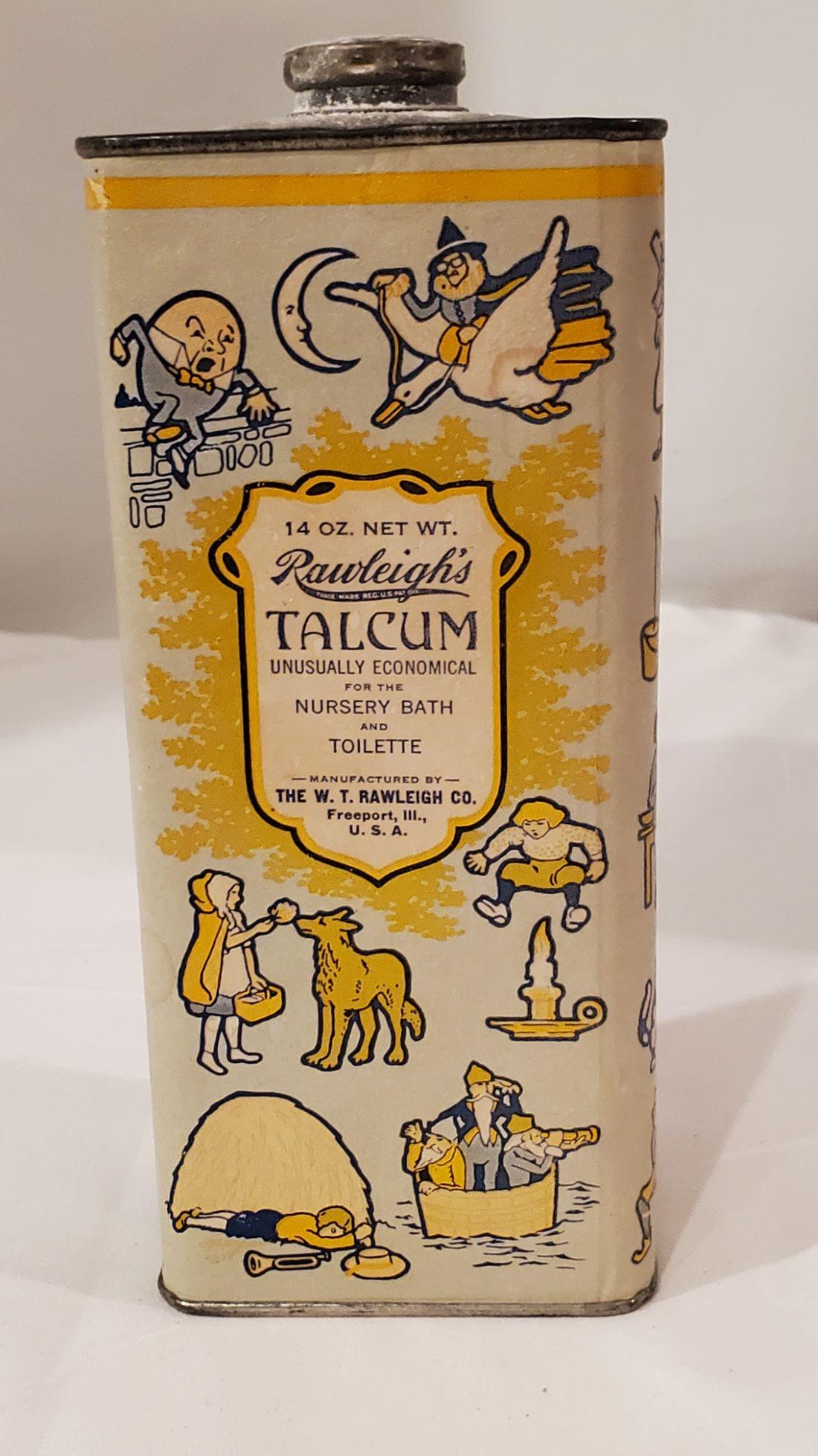 Antique Raleigh's Nursery Talc Powder Tin: Antique Raleigh's Nursery Talc Powder Tin. Superb graphics all around as well as colors. You can try and solve the covers hidden message