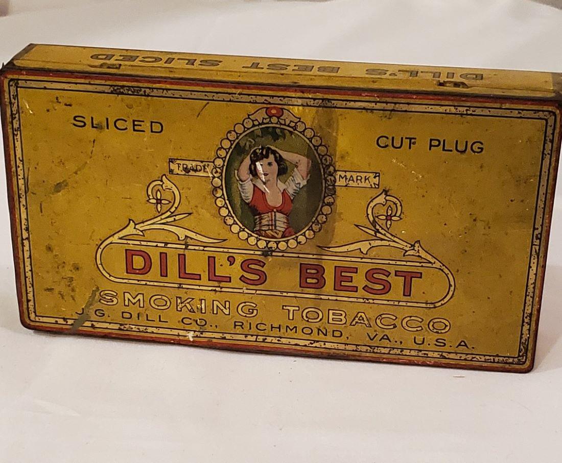 Antique Dills Best Smoking Tobacco Tin: Antique Dills Best Smoking Tobacco Tin. The yellow again is just great with super graphics that make it a nice collectors piece