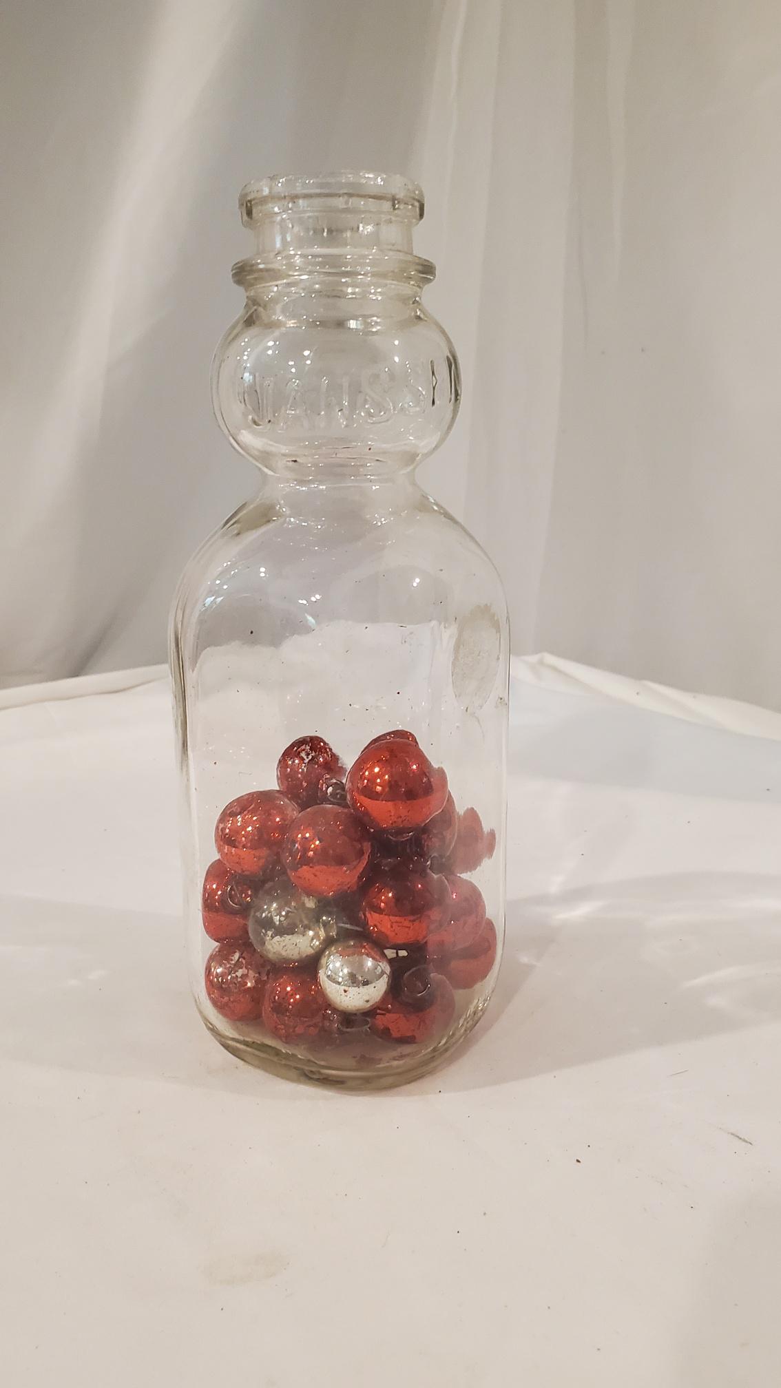 Antique Glass Milk Container some Glass Ornaments: Antique Glass Milk Container some Glass Ornaments,. This is a great piece for several types of collectors. In great shape and look it comes with vintage ornaments.