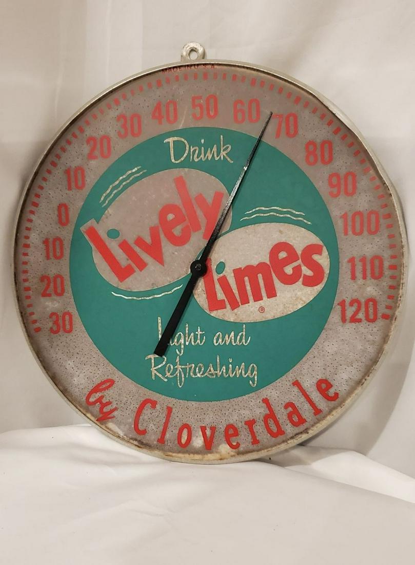 Antique Lively Lime Thermometer: Thermometer says Drink Lively Limes by Cloverfield. Very nice colors a fine piece of advertising.