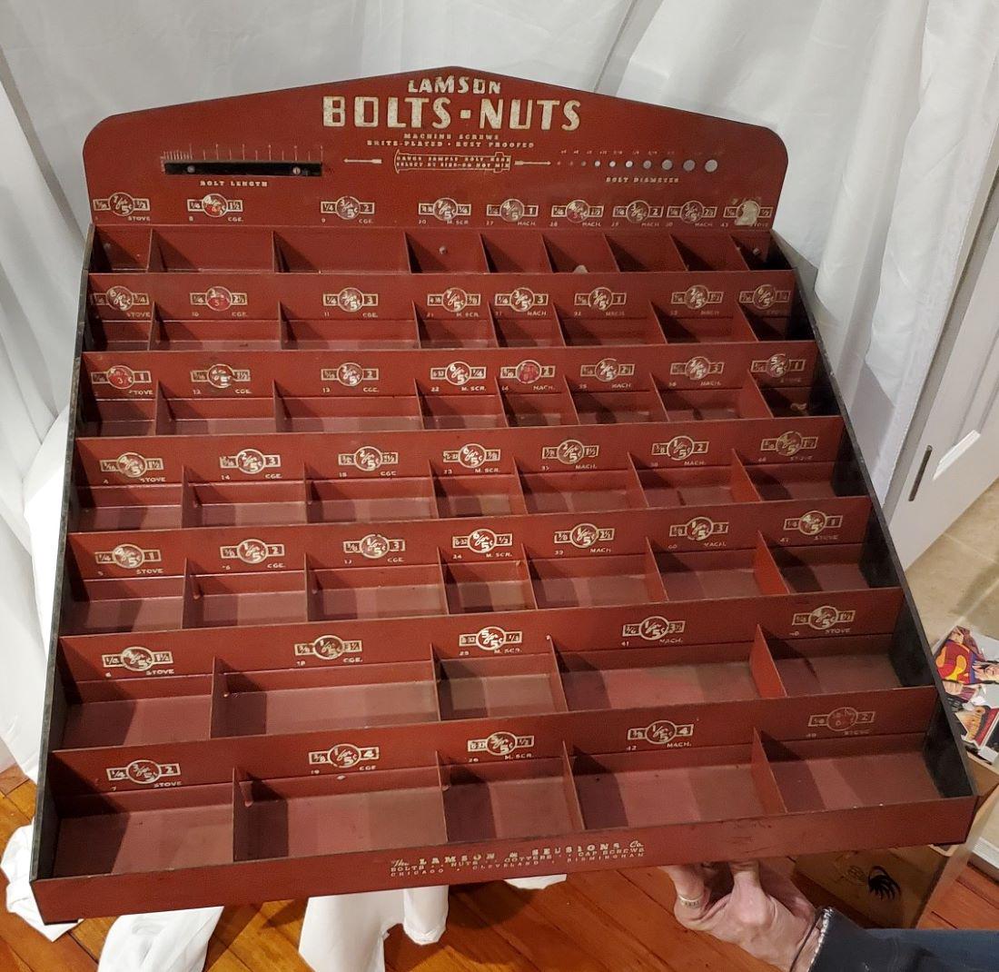Advertising Bolt and Nut Organizer: Lamson Nut and Bolt organizer. This is a great piece in super condition. This is a large piece has to be local pick-up