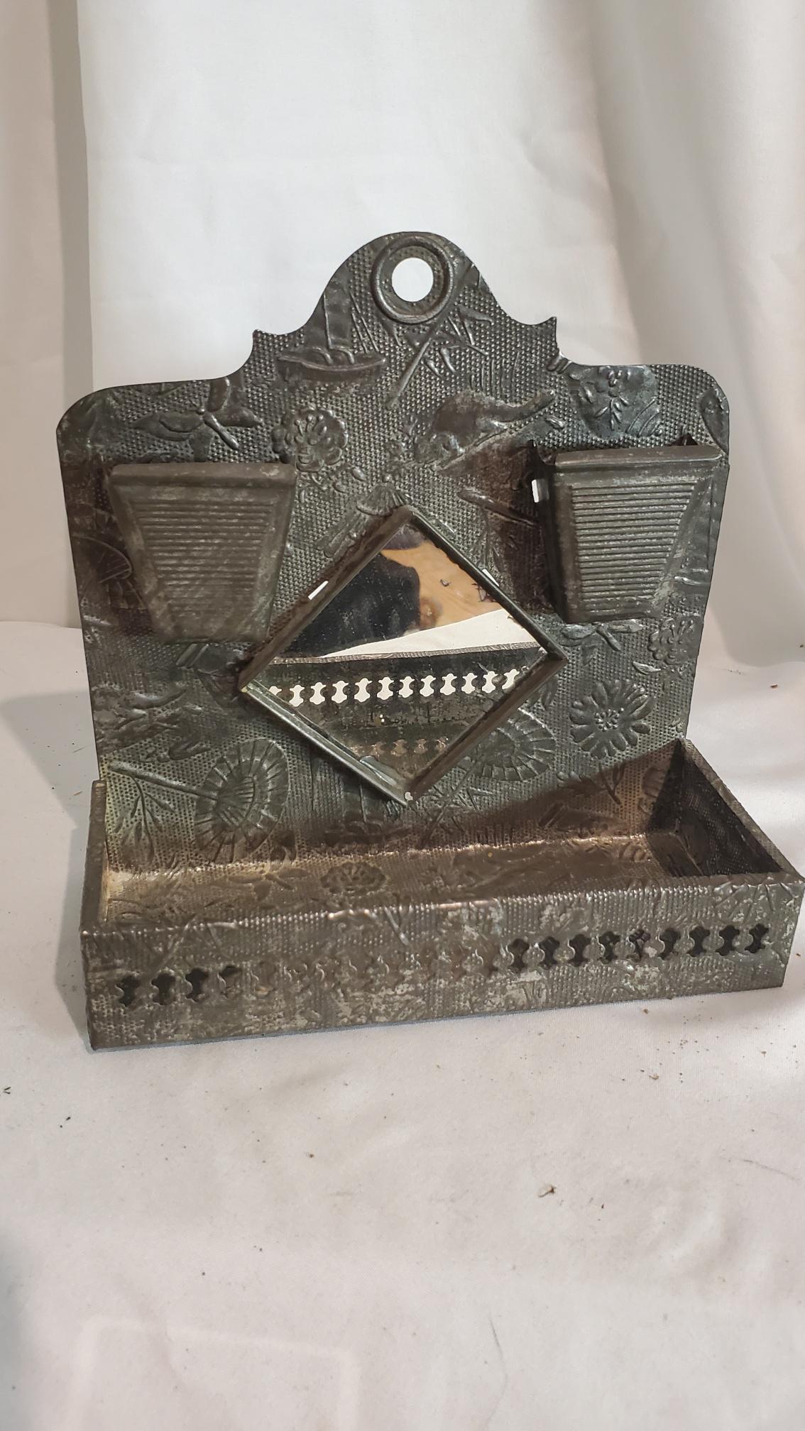 Ornate Antique Tin Mirrored Ash Tray: Rare we have not seen one of these. Please refer to all photos to see condition, we will answer to the best of our ability any questions you may have.