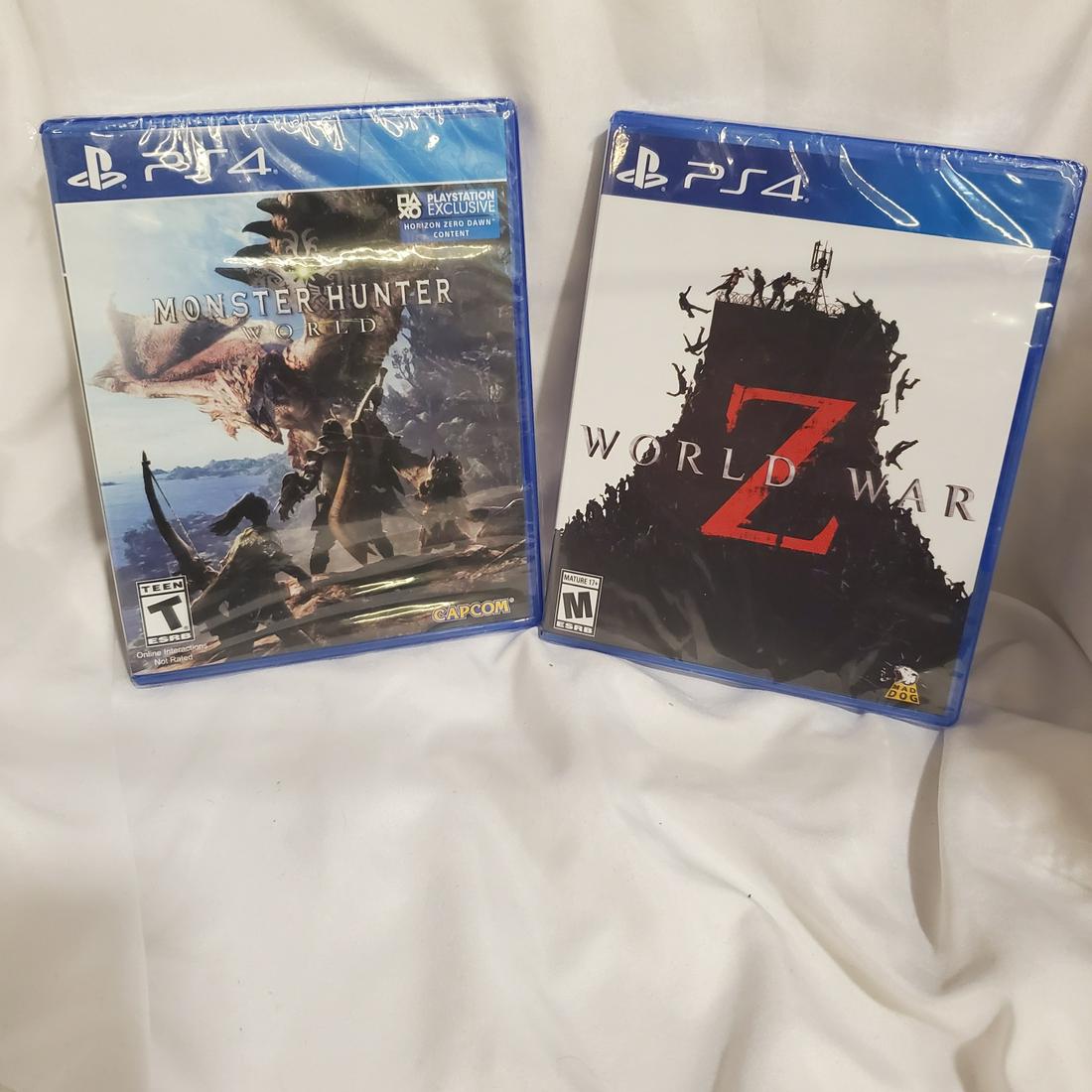 2 Sealed PS4 Games - World War Z and Monster Hunter: Both games in original packaging. Please read carefully. Description given is based on opinion unless otherwise documented. We ask that you look at pictures carefully before bidding. We are more than 
