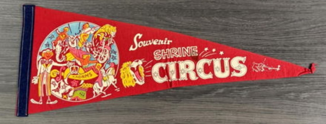 Vintage Souvenier Shrine Circus Pennant: 1950s 30 inch red felt pennant. Some consition issues at tip. See photos.