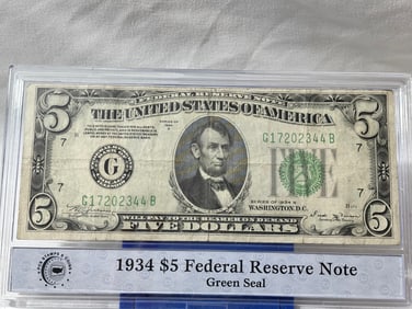 1934 Five Dollar Bill Encased