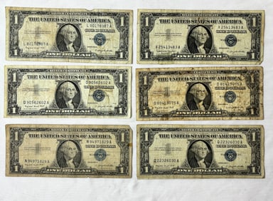 Lot of Six One Dollar Silver Certificates 1957A