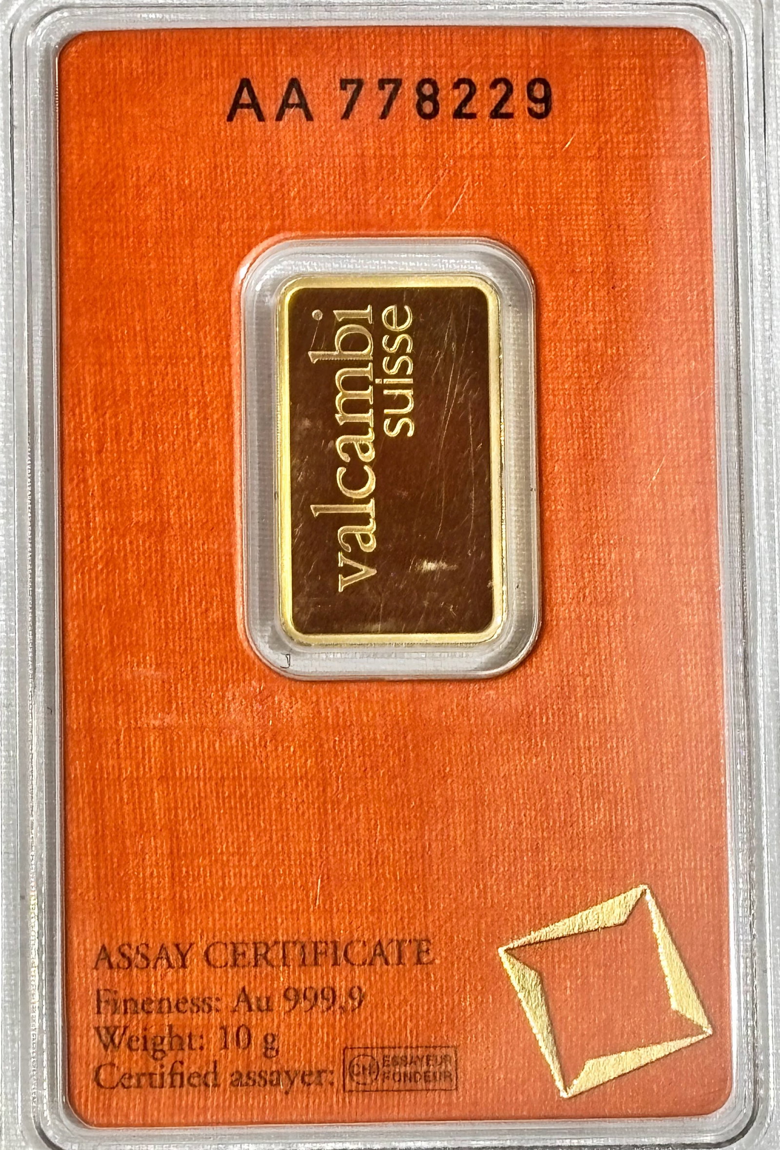 Ten Gram Gold Bar VALCAMBI Packaged and Sealed: Pure .999