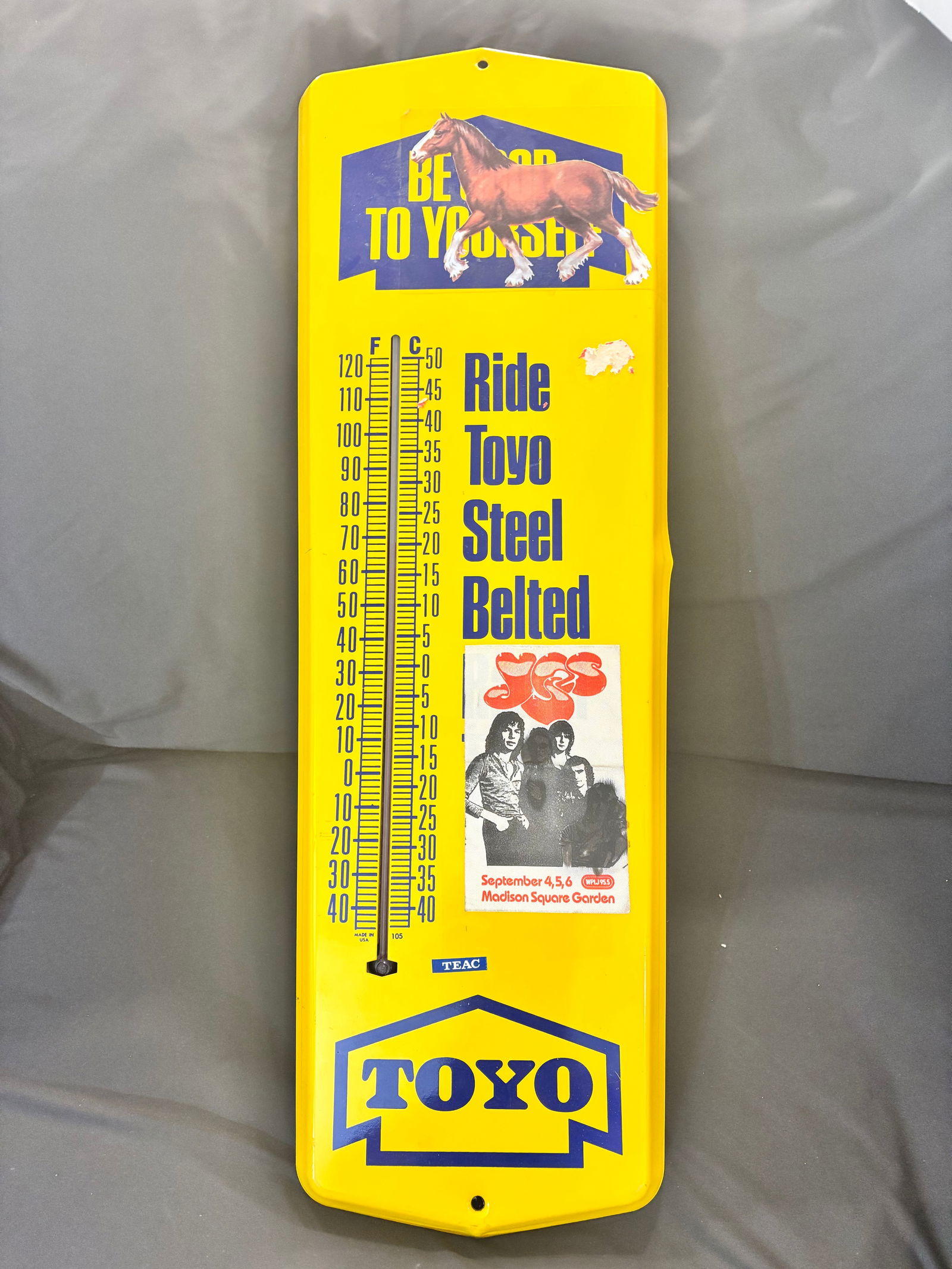 Vintage Toyo Tires Metal Wall Thermometer: Vintage Madison Square Garden sticker. See Photos