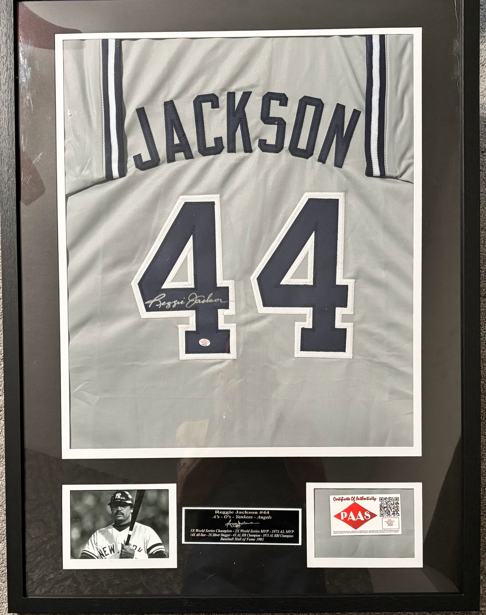 Framed Reggie Jackson #44 NY Yankees Autographed Jersey COA (1 of 2)